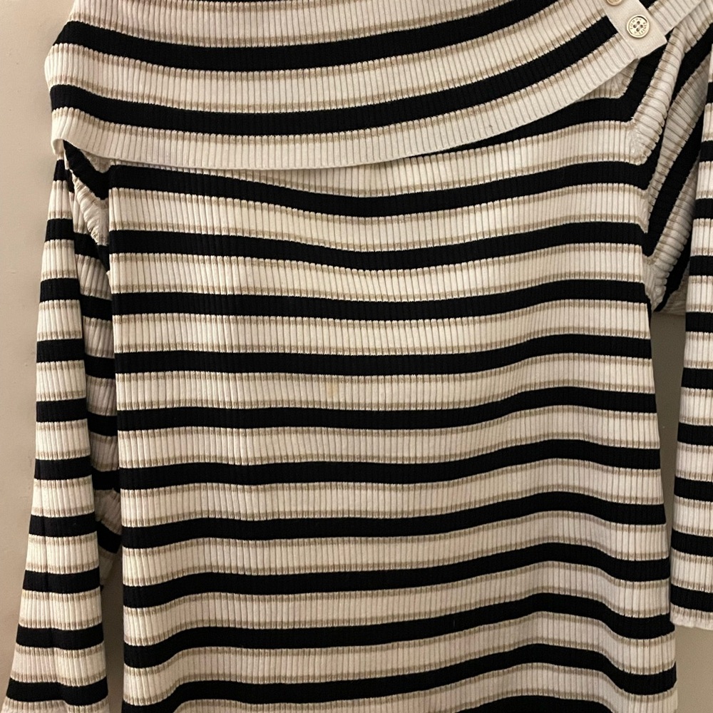 Tommy Hilfiger Black and White Striped Off-the-Shoulder Sweater